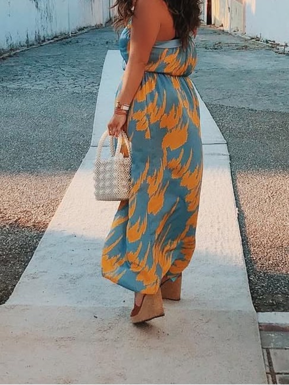 House of Harlow 1960 Light Blue and Mustard Yellow Print Dress